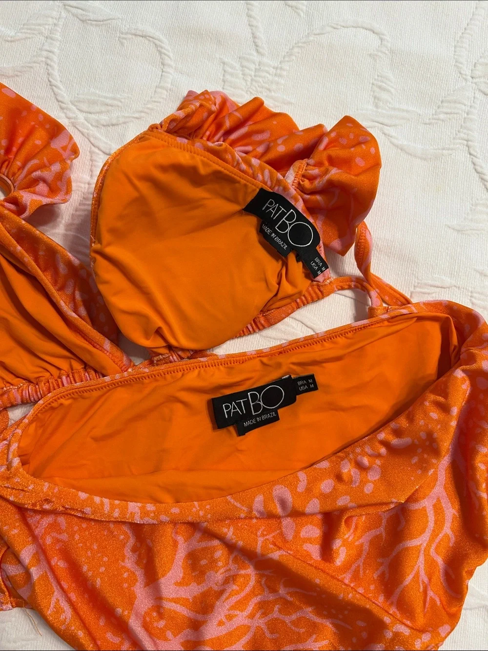 PatBO Ruffled Strap Coral Print Bikini Set in Orange & Pink